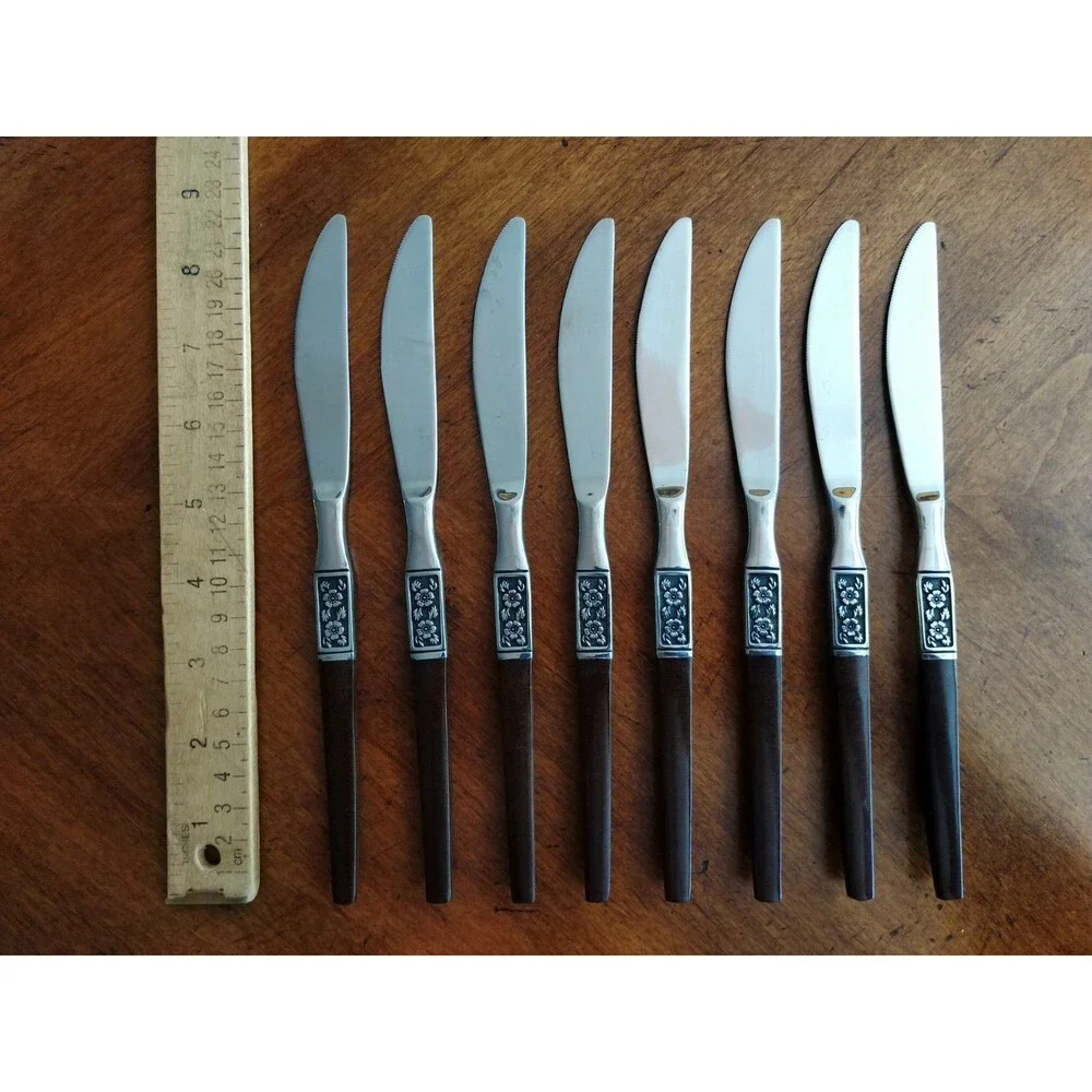 Lot 8x Dinner Knives Ekco Eterna La Joya Stainless Faux Wood MCM EKS14 8.8